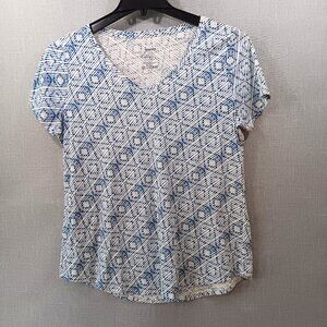 Sonoma Everyday Tee Womens Large Blue White Abstract Print V-Neck Shirt Top